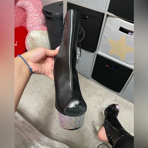 Bejeweled Rhinestone Platform Ankle Boots- Black - Picture 2 of 4